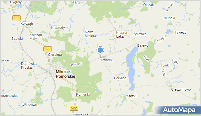 mapa Dworek, Dworek gmina Mikołajki Pomorskie na mapie Targeo